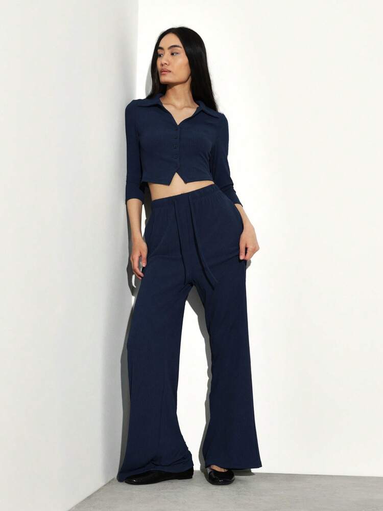 KSTM Navy Blue Collared Button Down Crop Top And Wide Leg Pants Two Piece Co Ord Set For Women Professional Office Casual Workwear