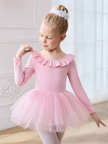 SHEIN Vestido de maillot de ballet de manga larga blanco para niñas, disfraz de ballet para niñas con mangas acampanadas de encaje - Rosa - Ver 3