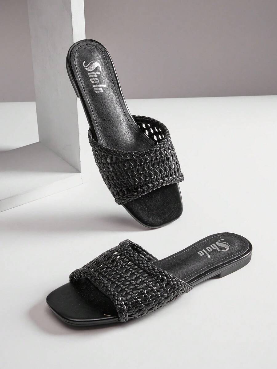 SHUZIA Women's Fashion Casual Comfy Woven PU Flat Sandals Summer Shoes - Black - View 1