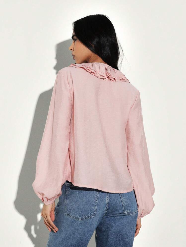 KSTM Ruffled Deep V Neck Long Sleeve Tie Front Peasant Blouse With Gathered Cuffs