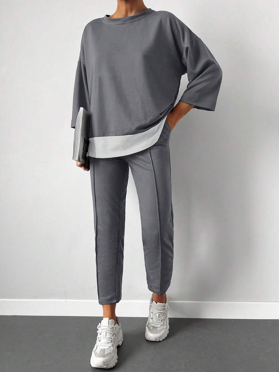 Cottnline Drop Shoulder 2 In 1 Tee & Seam Detail Sweatpants - Grey - View 1