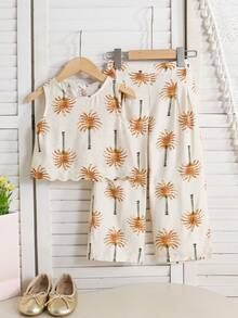 SHEIN Young Girl Apricot Palm Tree Print Backless Bow Sleeveless Top And Wide Leg Pants Casual Vacation 2-Piece Set Summer Outfits For Sisters Palm Tree Print Clothing Matching Top And Pants Set Mom And Kids Matching Outfit Childrens Summer Matching Outfits Girls Two Piece Vacation Set Kids Summer Two Piece Set Kids Summer Clothes - Apricot - View 5