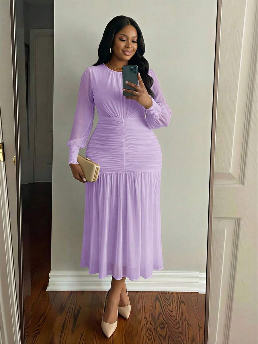 SHEIN Lady CURVE Plus Size Elegant Party Purple  Ruched Waist Dress Summer Dress Spring Dress - Purple - View 1