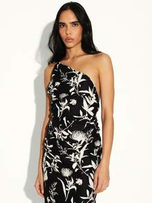 KSTM Vestido largo de una sola manga con estampado botánico, abertura lateral y tirantes ajustables para ocasiones de verano - Negro - Ver 6