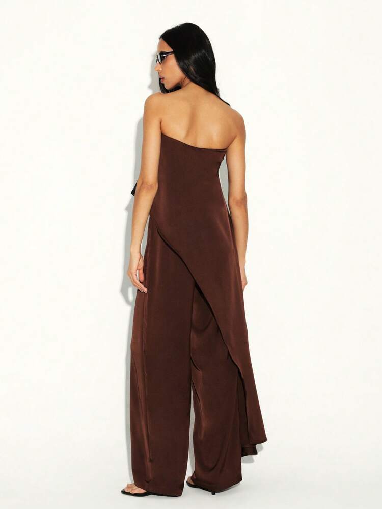 KSTM 女性用ストラップレス非対称ドレープトップ、エレガントなブラウンチューブトップ イブニングパーティーブラウス 秋冬ファッション