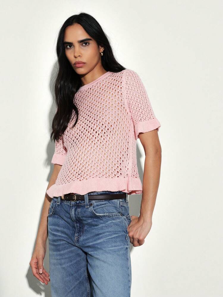 KSTM Top court à manches courtes en tricot crocheté pour femmes avec bords volantés et texture ajourée, pour le printemps et l'été