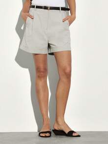 KSTM Hochtaillierte, hellgraue, maßgeschneiderte Bermuda-Shorts mit Seitentaschen und Gürtelschlaufen, Sommer-Lässig-Damen-Baumwollmischung in Relaxed Fit, knielange Länge - Khaki - Übersicht 3