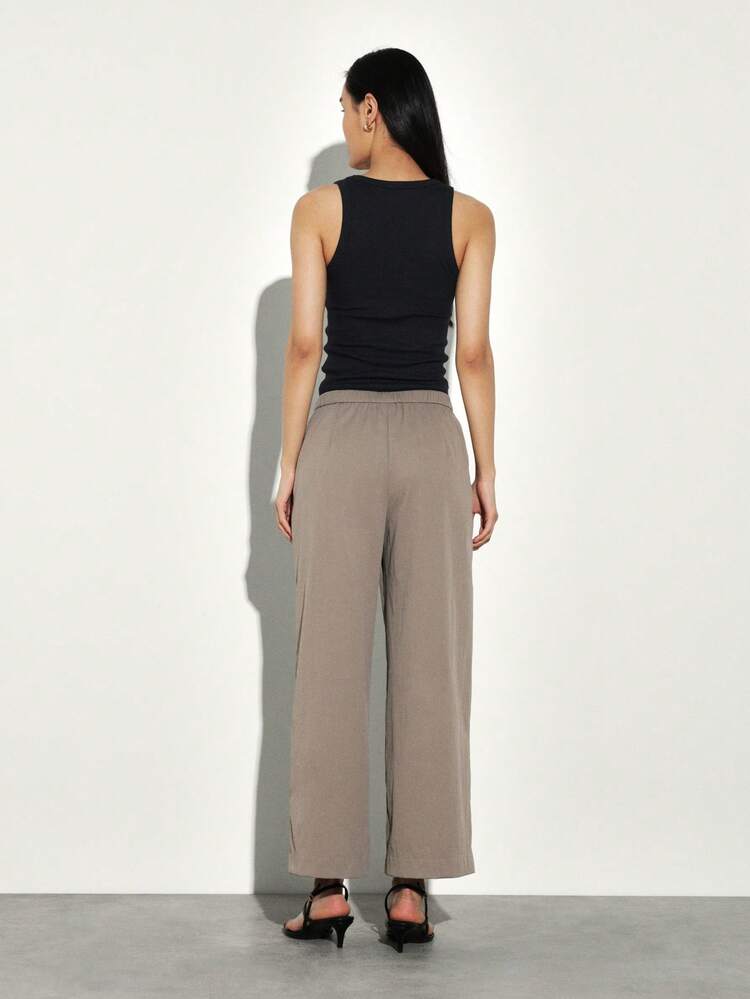 KSTM Women's Elastic Waist Wide Leg Smart Pants Taupe Casual Office Work Trousers Relaxed Fit Palazzo Style