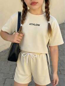 SHEIN Tween Girls Clothes Casual Set,Beige Autumn Loose Oversized T-Shirt &, Cute, School, Back To School - White - View 1
