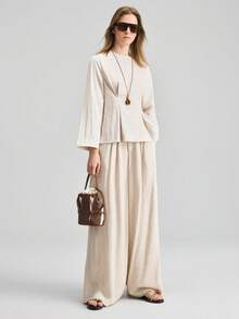 Ontre Women's Comfortable And Skin-Friendly Tencel Fabric Fitted Silhouette Dropped Shoulder Long Sleeve Waist Pleated Modern Elegant Wedding Guest, Minimalist Romantic French Luxurious Feel Urban Chic Business Casual Office Wear Beige Outfits For Women - Pink - View 4