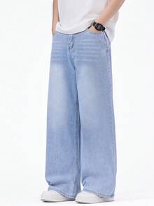 SHEIN Mirajuku 休闲宽松直筒水洗灰色牛仔裤，适合青少年和年轻男士，四季皆宜 - 淺色水洗藍 - 查看 8