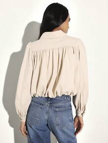 KSTM Women's Balloon Hem Jacket With Elastic Waistband And Button Front Closure Classic Collar Long Sleeve Outerwear - Khaki - View 2