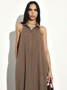 KSTM Halter Neck Button Front Long Dress With Open Back Design Summer Maxi Dress - Brown - View 5