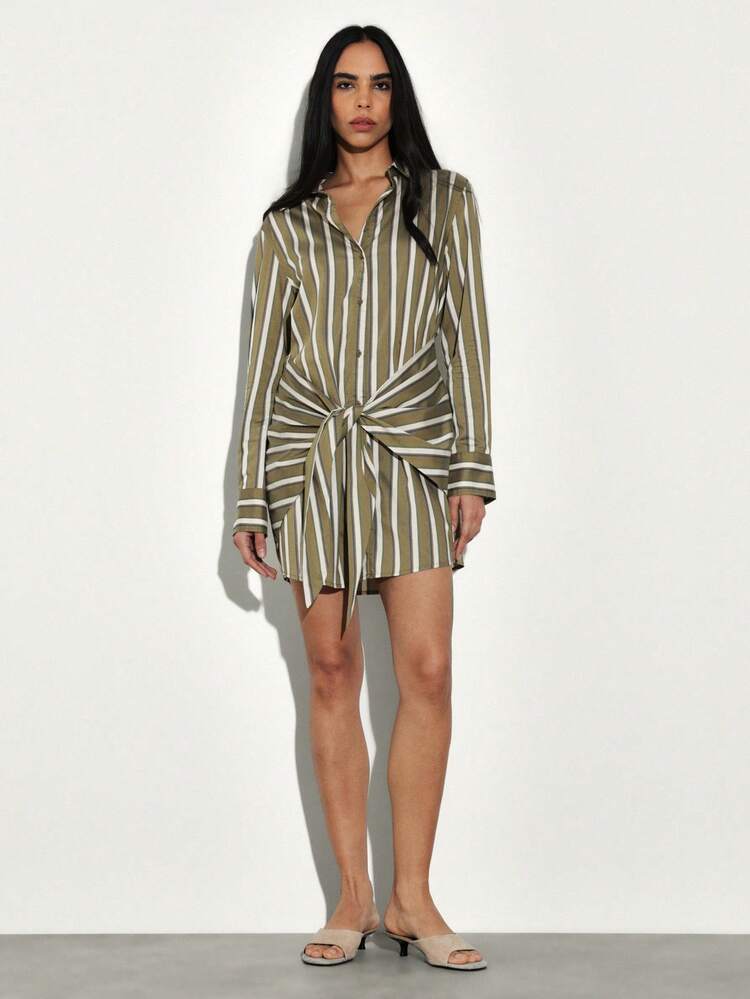 KSTM Striped Front Tie Shirt Dress Long Sleeve Button Down Mini Dress Casual Collared Wrap Style Fall Fashion