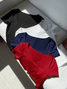 Comfortcana 4pcs/Set Plus Size Summer Square Neck Fitted T-Shirts - Multicolor - View 5