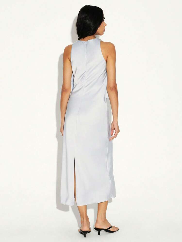 KSTM Robe longue en satin sans manches avec fente latérale et détail volant pour occasions spéciales, soirée