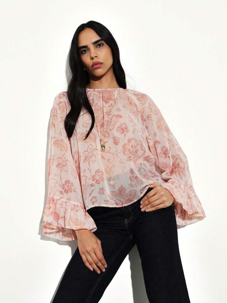 KSTM Blouse femme à imprimé floral avec manches évasées à volants, col rond, Top plissé froncé, chemise en mousseline de soie décontractée pour le printemps et l'été, mode