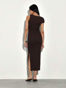 KSTM Elegant Draped One Shoulder Midi Dress With Side Slit For Evening Occasions - Brown - View 2
