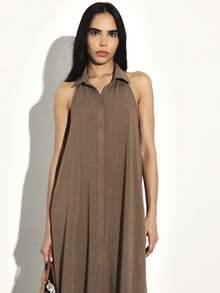 KSTM Halter Neck Button Front Long Dress With Open Back Design Summer Maxi Dress - Brown - View 4