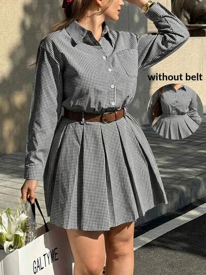 GalTyme Vestido casual/de trabajo con pliegues en el bajo a cuadros para tallas grandes