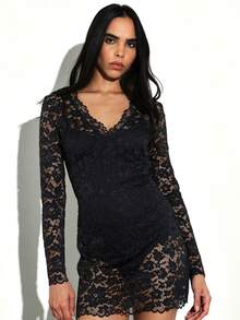 KSTM Vestido negro de encaje mini de manga larga con cuello en V, ajustado, para fiesta, noche, ocasión formal con guipur floral - Negro - Ver 5