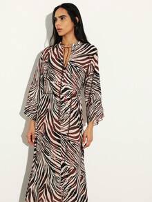 KSTM 女士长款系带卡夫坦连衣裙，抽象斑马纹印花，V领，七分袖，飘逸长裙 - 彩色 - 查看 5