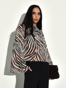 KSTM 女士斑马纹长袖交叉领上衣，动物纹时尚衬衫，适合办公室休闲穿着 - 彩色 - 查看 4