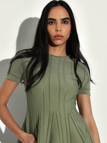 KSTM Sage Green Fully Fashioned Knitted Peplum Top Short Sleeve Round Neck Ribbed Texture Casual Elegant Blouse Spring Summer - Green - View 5