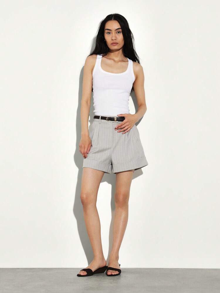 KSTM Women's Pinstripe Tailored Shorts With Folded Hem And Belt Loops For Professional Office Summer Work