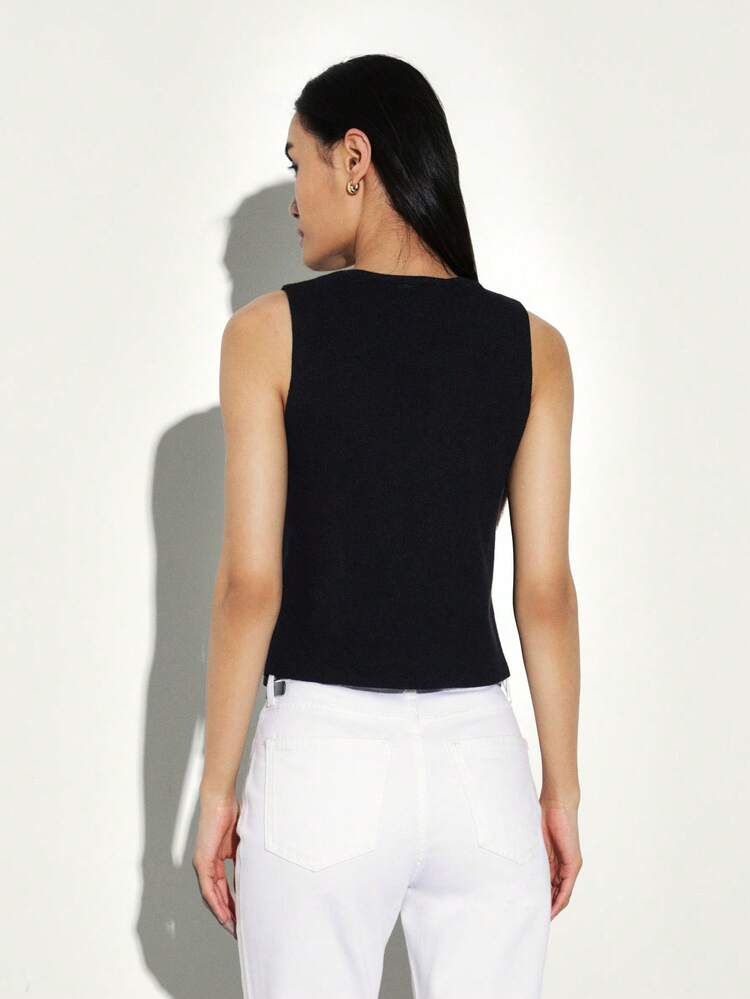 KSTM Women Black Sleeveless Button Front Knit Cardigan Tank Top With Gold Hardware Details