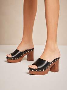 SHUZIA 时尚女士黑色穆勒厚底凉鞋，易穿舒适，露趾设计，春夏休闲度假必备鞋款 - 黑色 - 查看 2