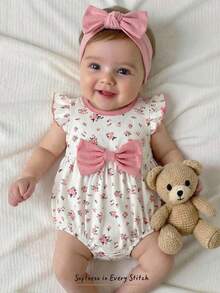 Cozy Pixies Baby Mädchen Blume Muster Kontrast Farbe Schleife Rundhals ärmelloses Romper - Pink - Übersicht 11