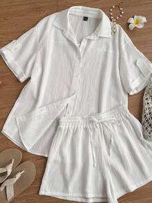 SHEIN EZwear 女士白色梭织短袖衬衫和短裤休闲套装 - 白色 - 查看 4