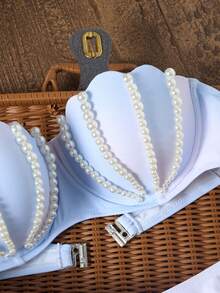 Swim Vcay Bộ bikini thời trang mùa hè dành cho nữ, đính ngọc trai giả, thích hợp đi biển. - Màu xanh nhạt - Xem 2