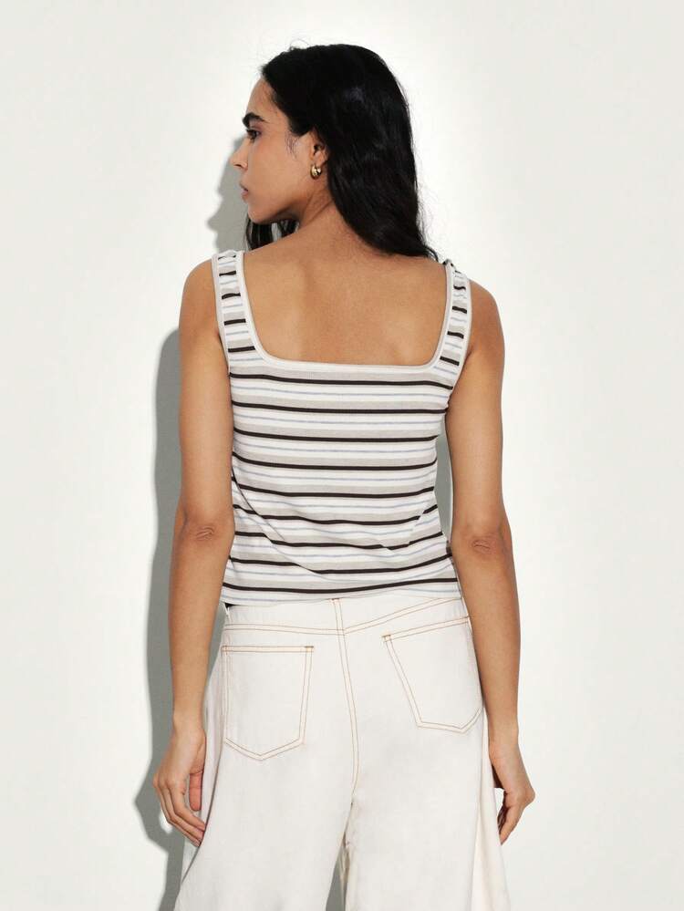 KSTM 여성용 버튼업 스트라이프 탱크탑 민소매 골지 캐주얼 여름 해변 휴가 스쿱넥 피티드 티