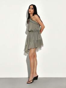 KSTM Asymmetric Chiffon Mini Dress With Ruffle Details And Halter Neck For Summer Date Night Party - Green - View 3