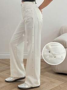 EURMUSE Jean droit blanc en denim à taille haute avec clous pour femmes - Blanc - Voir 2