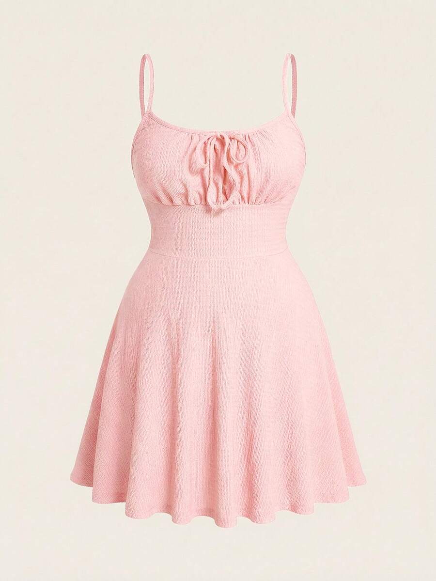 SHEIN EZwear 大码粉色褶皱A字连衣裙，弹力面料，春夏款 - 粉色 - 查看 1