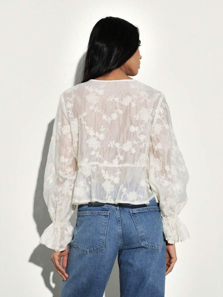 KSTM Women Sheer Balloon Sleeve Blouse With Floral Embroidery Peasant Top Boho Tie Neck Long Sleeve White Semi Transparent Feminine Spring Summer