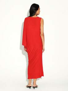 KSTM Asymmetrical Sleeveless Midi Dress With One Shoulder Detail And Modern Drape Design For Special Occasions - Red - View 2