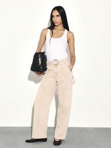 KSTM 高腰系带工装阔腿宽松纸袋腰休闲牛仔裤 - 卡其色 - 查看 1