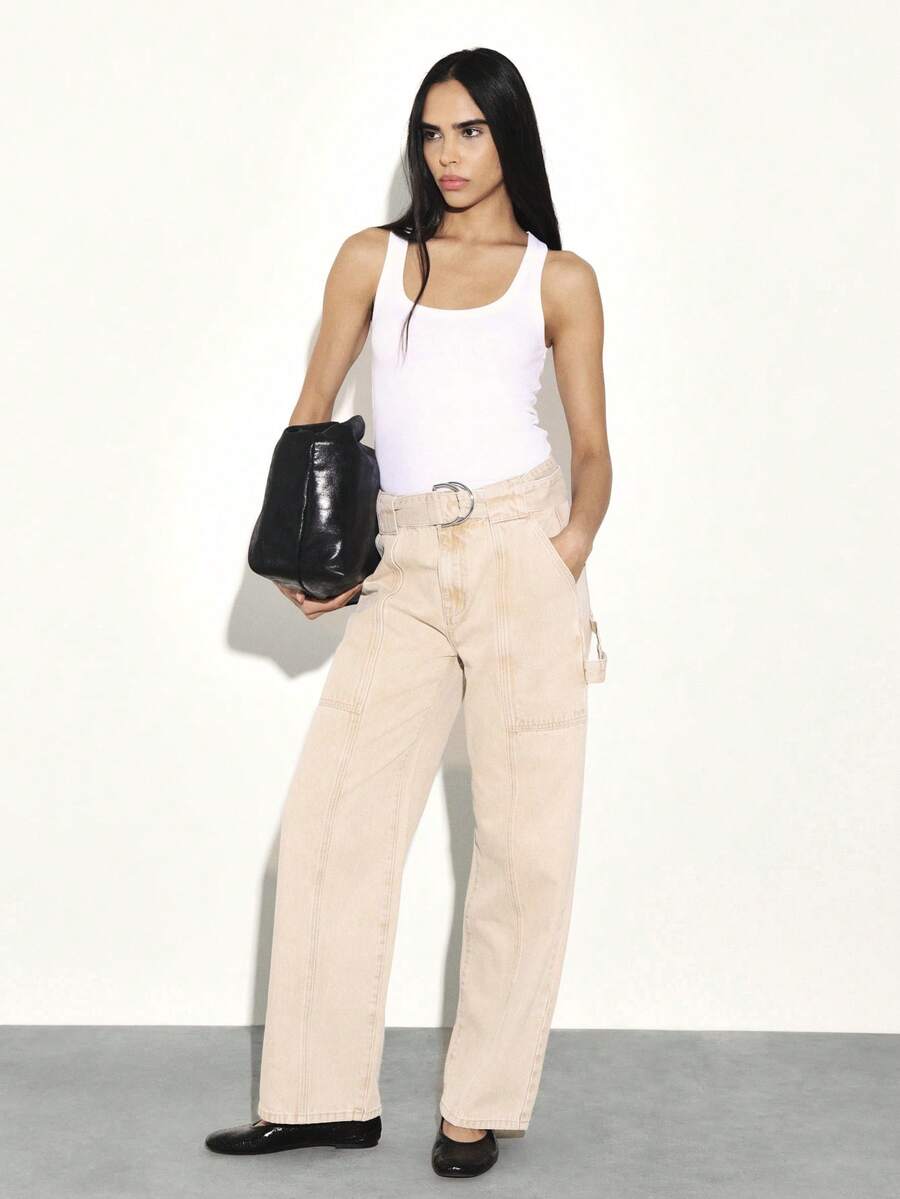 KSTM 高腰系带工装阔腿宽松纸袋腰休闲牛仔裤 - 卡其色 - 查看 1