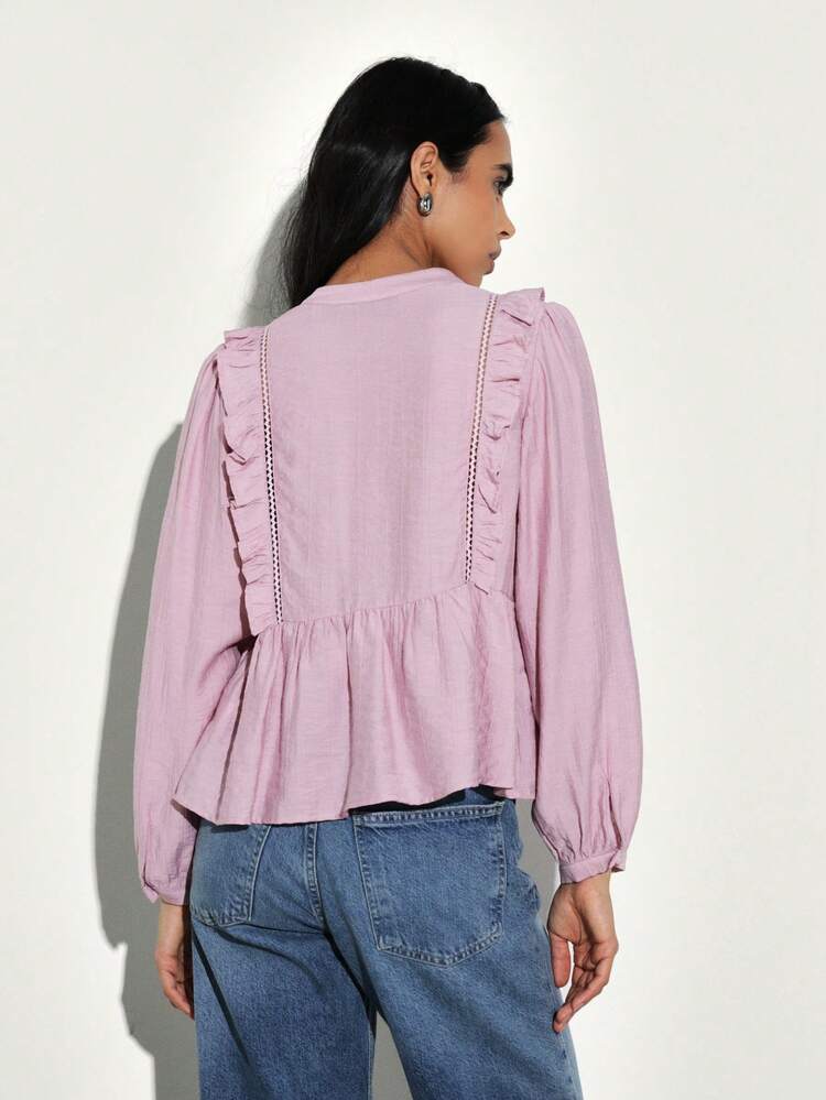 KSTM Women's Long Sleeve Ruffle Detail Blouse With Button Front And Ladder Trim Feminine Top For Casual Office