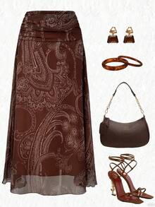 SHEIN Elenzya 女士腰果印花A字裙，魅力十足，适合度假、日常穿着、优雅通勤、时尚约会、法式街头风、复古百搭风，棕色印花，新款春夏长裙 - 棕色 - 查看 8