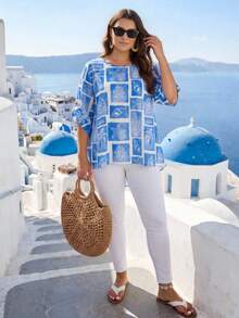 EMERY ROSE Plus Size Casual Blue Vacation Ocean Creature Print Summer Blouse, Blue And White Top Summer Beach Vacation - Blue and White - View 4