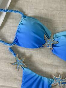 Swim Chiccia 两件套渐变随机花卉印花绳饰蓝色海星抹胸比基尼泳装套装，性感女士夏季度假比基尼蓝色泳衣，女士蓝色海星比基尼渐变蓝色比基尼蓝色泳衣，女士蓝色比基尼套装，女士泳衣，全包覆式女士泳装套装，女士泳装，带衬垫泳衣 - 彩色 - 查看 3