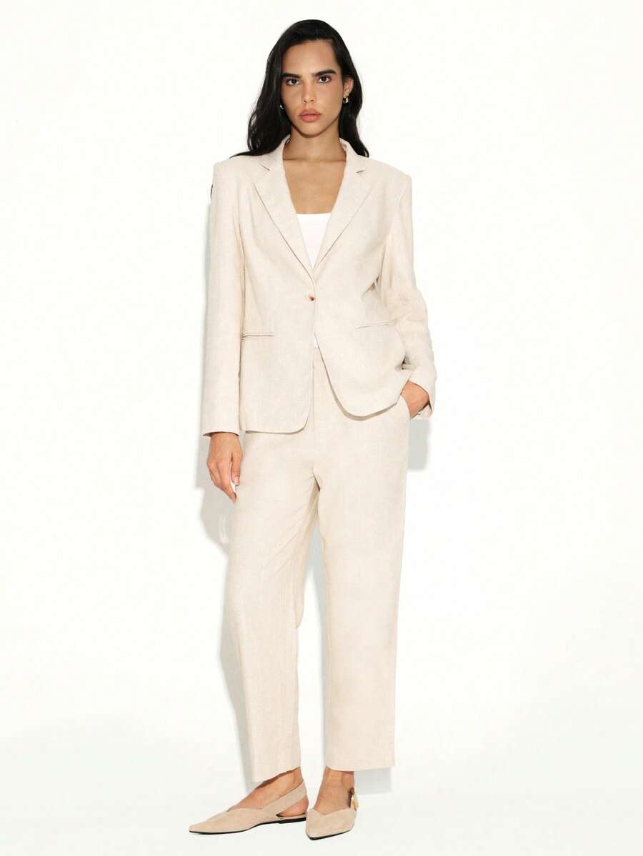 KSTM Blazer ajusté en lin pour femmes, à un seul bouton. Veste de travail professionnelle et décontractée, avec col taillé. Idéal pour le bureau au printemps et en été - Kaki - Voir 1