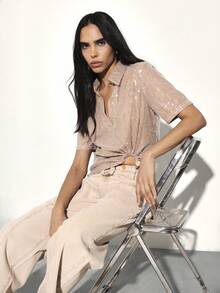 KSTM Sequin Button Up Blouse With Short Sleeves For Evening Party Occasions - Khaki - View 2