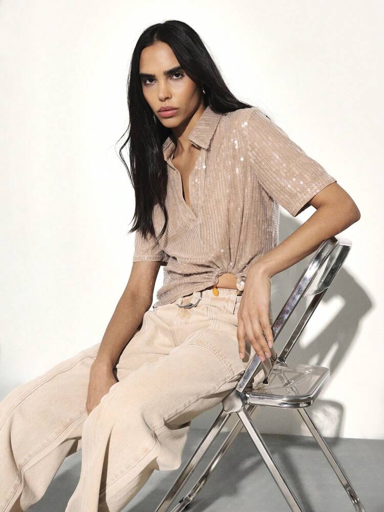 KSTM Sequin Button Up Blouse With Short Sleeves For Evening Party Occasions