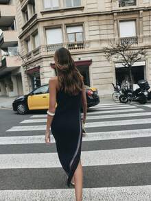 Nöista Knit Fitted Black Dress With Contrats Lines On The Side, Round Neckline And Opening On The Side. Spring Dress Woman, Summer Clothes, Vacation Outfits Women, Vacation Dress, Beach Vacation Outfits For Women. - Navy Blue - View 2